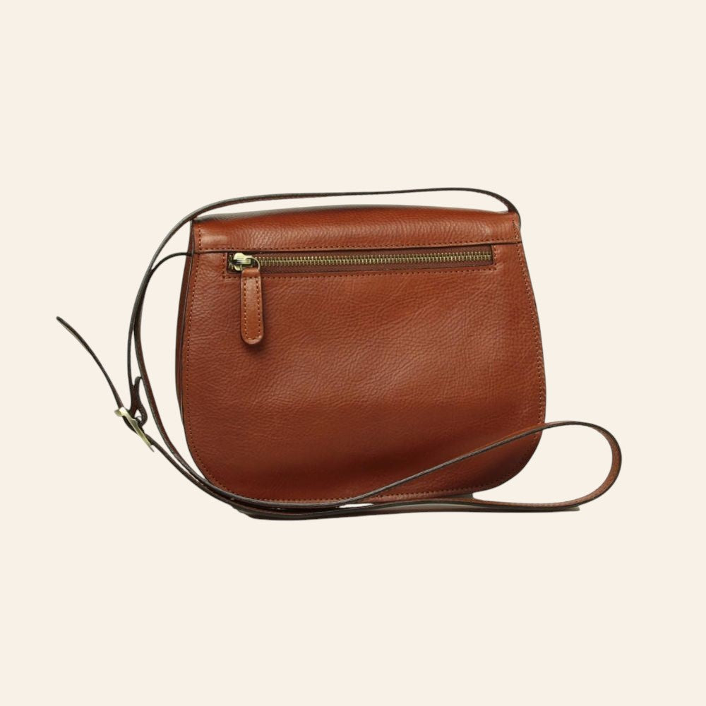 Borsa a tracolla Vetrina Fiorentina in pelle di vitello pieno fiore color teak con tasca posteriore con zip