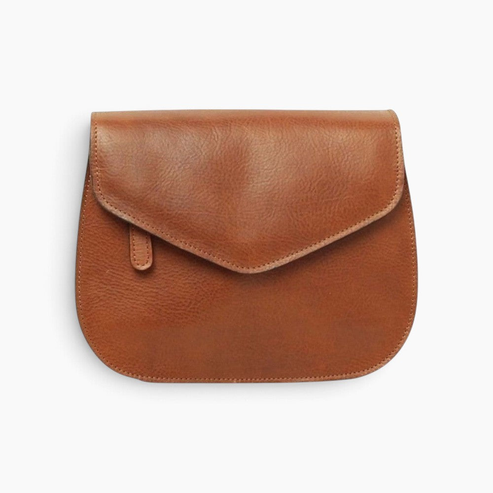 Borsa a tracolla Vetrina Fiorentina artigianale in pelle di vitello color teak con patta frontale e design elegante