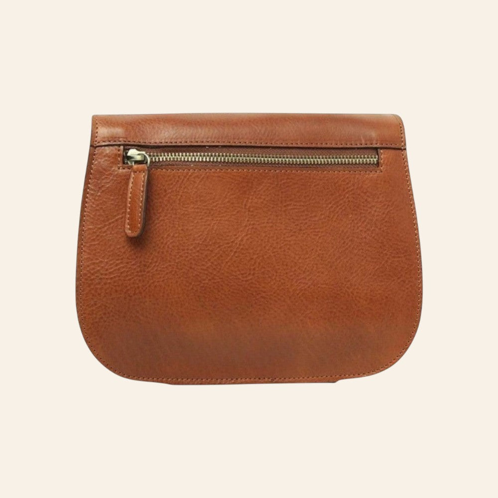 Borsa a tracolla Vetrina Fiorentina in pelle di vitello color teak con tasca posteriore con zip e finiture artigianali