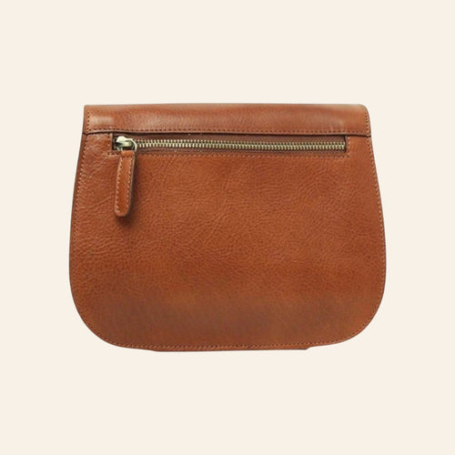 Borsa a tracolla Vetrina Fiorentina in pelle di vitello color teak con tasca posteriore con zip e finiture artigianali