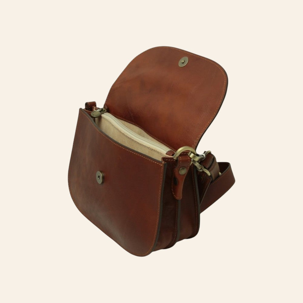 Borsa a tracolla Vetrina Fiorentina in pelle di vitello color teak con chiusura a calamita e scomparti interni