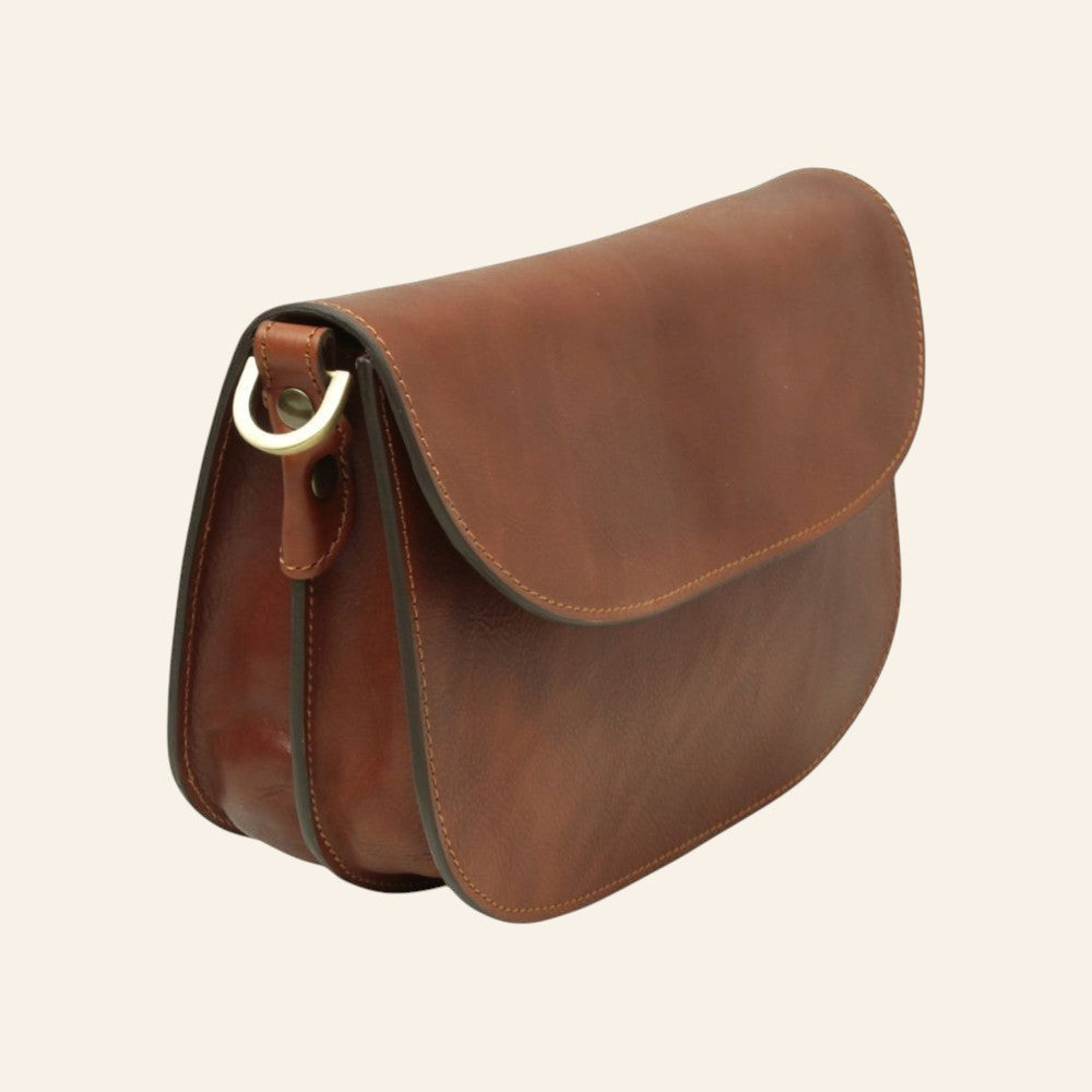 Borsa a tracolla Vetrina Fiorentina in pelle di vitello color teak con pattina e chiusura magnetica