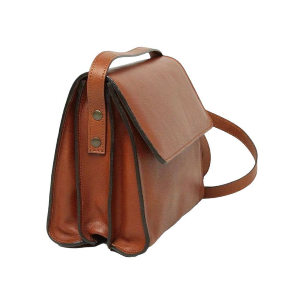 Borsa a tracolla Vetrina Fiorentina in pelle di vitello color teak, design artigianale con scomparti e tracolla