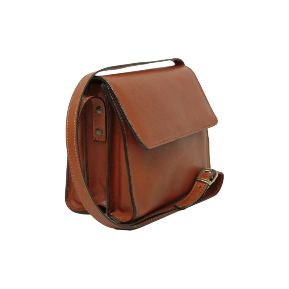 Borsa a tracolla Vetrina Fiorentina in pelle di vitello color teak con patta e tracolla regolabile