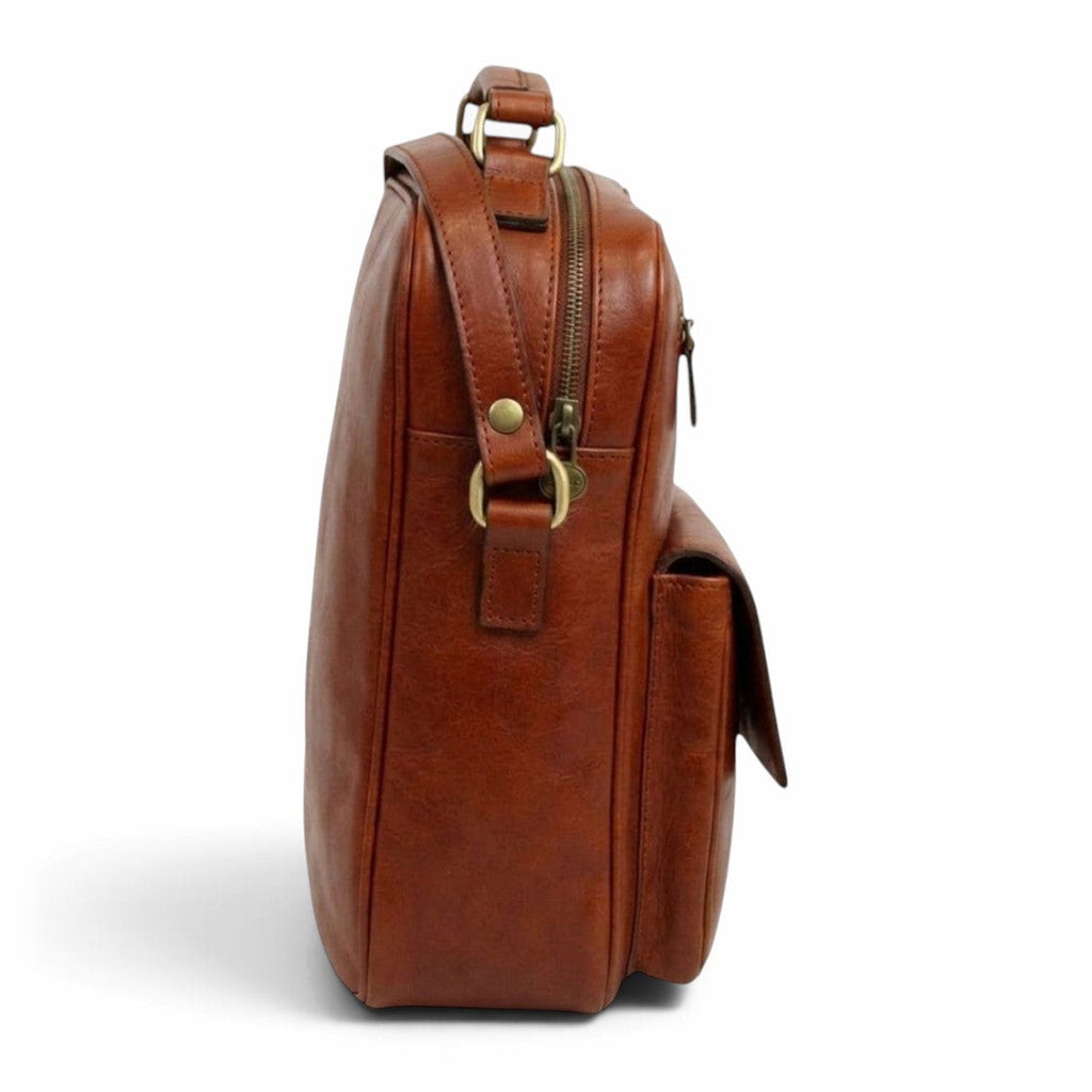 Borsa a tracolla Vetrina Fiorentina in pelle pieno fiore color teak con tasca frontale e dettagli in metallo