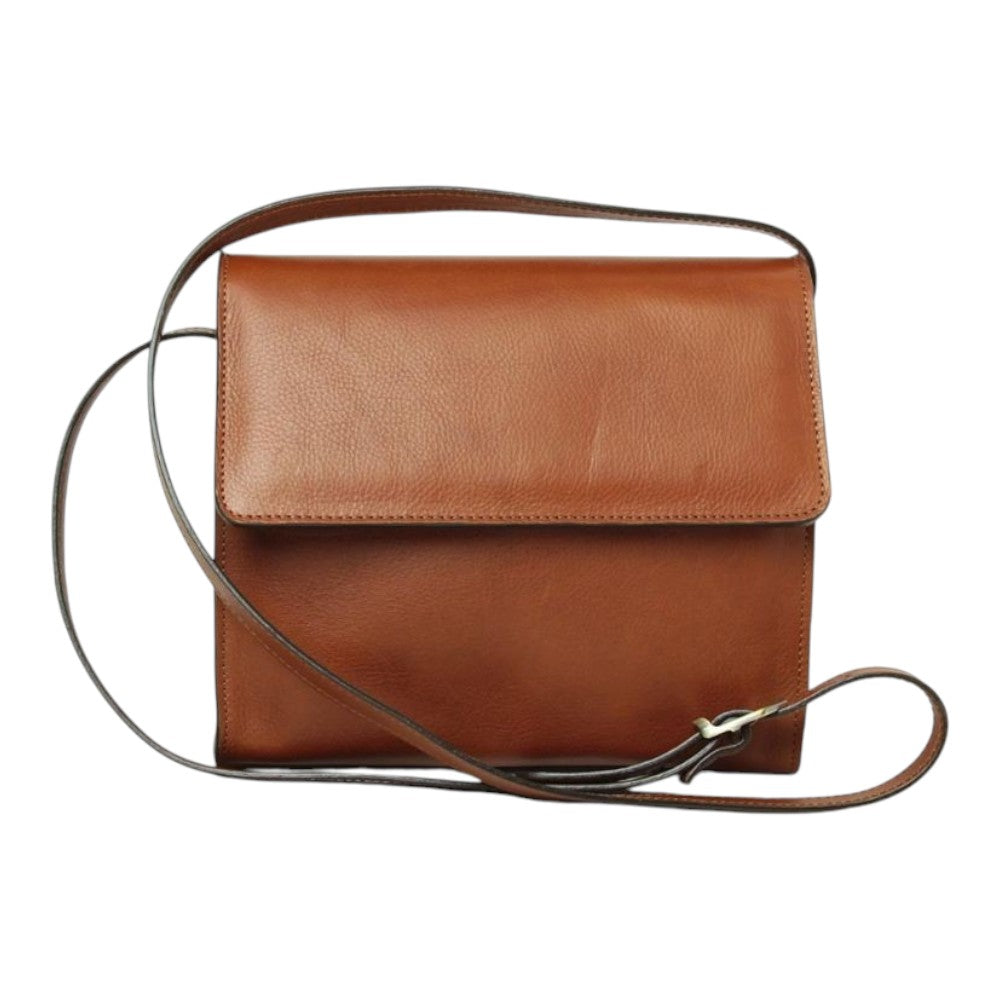 Borsa a tracolla Vetrina Fiorentina in pelle di vitello pieno fiore color teak con tracolla regolabile