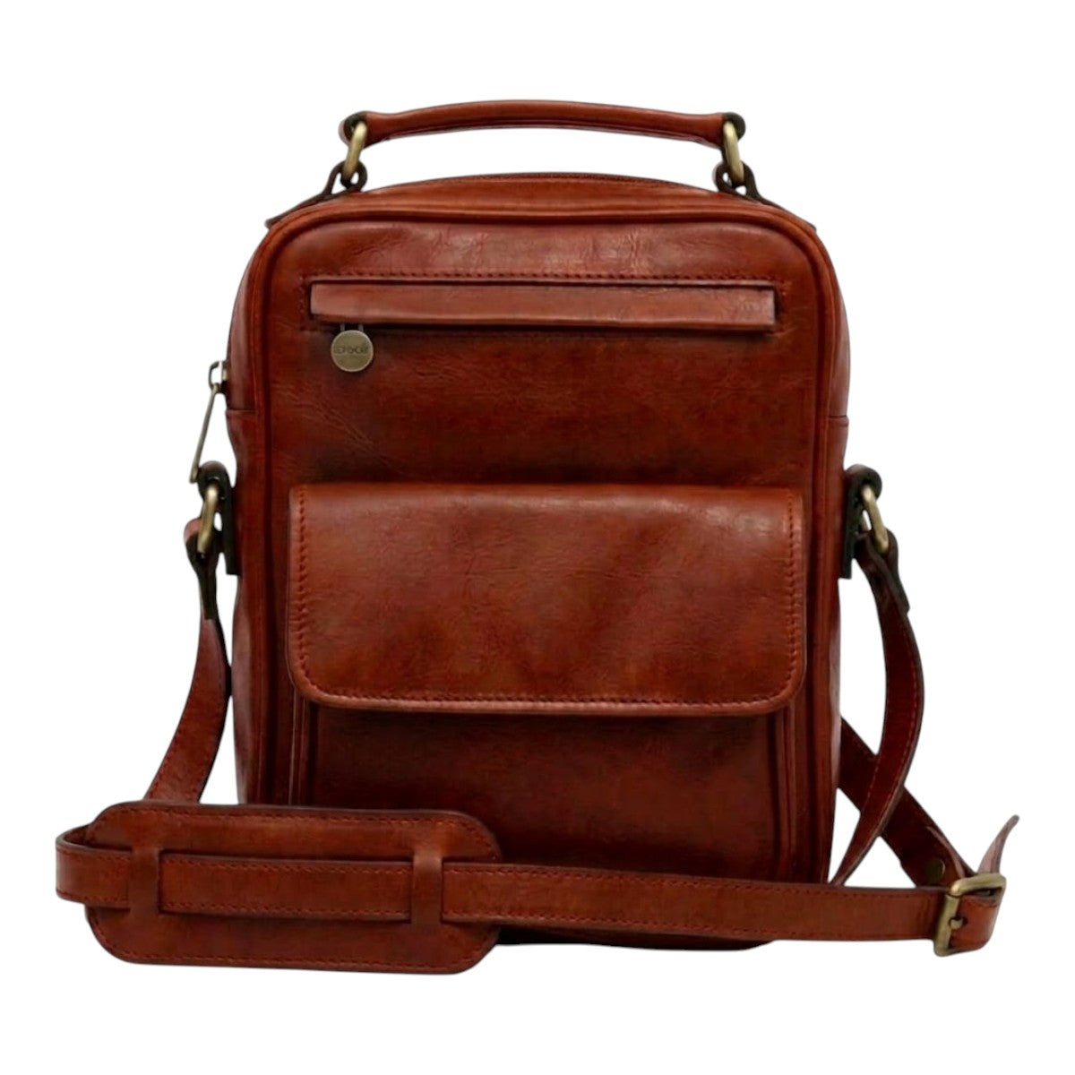 Borsa a tracolla Vetrina Fiorentina in pelle pieno fiore color teak con tasca frontale e tracolla regolabile