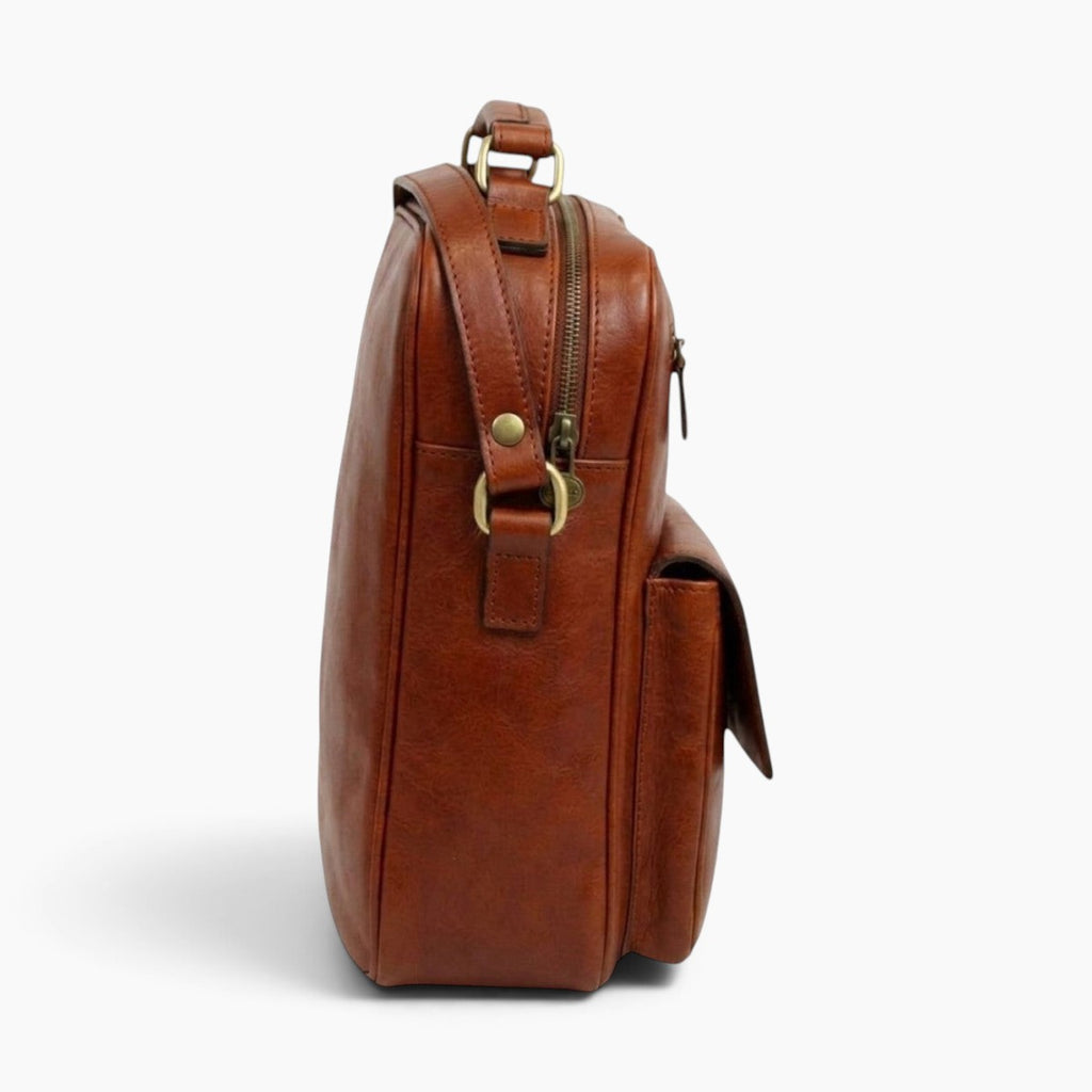 Borsa a tracolla Vetrina Fiorentina in pelle pieno fiore color teak con tasca frontale e dettagli in metallo