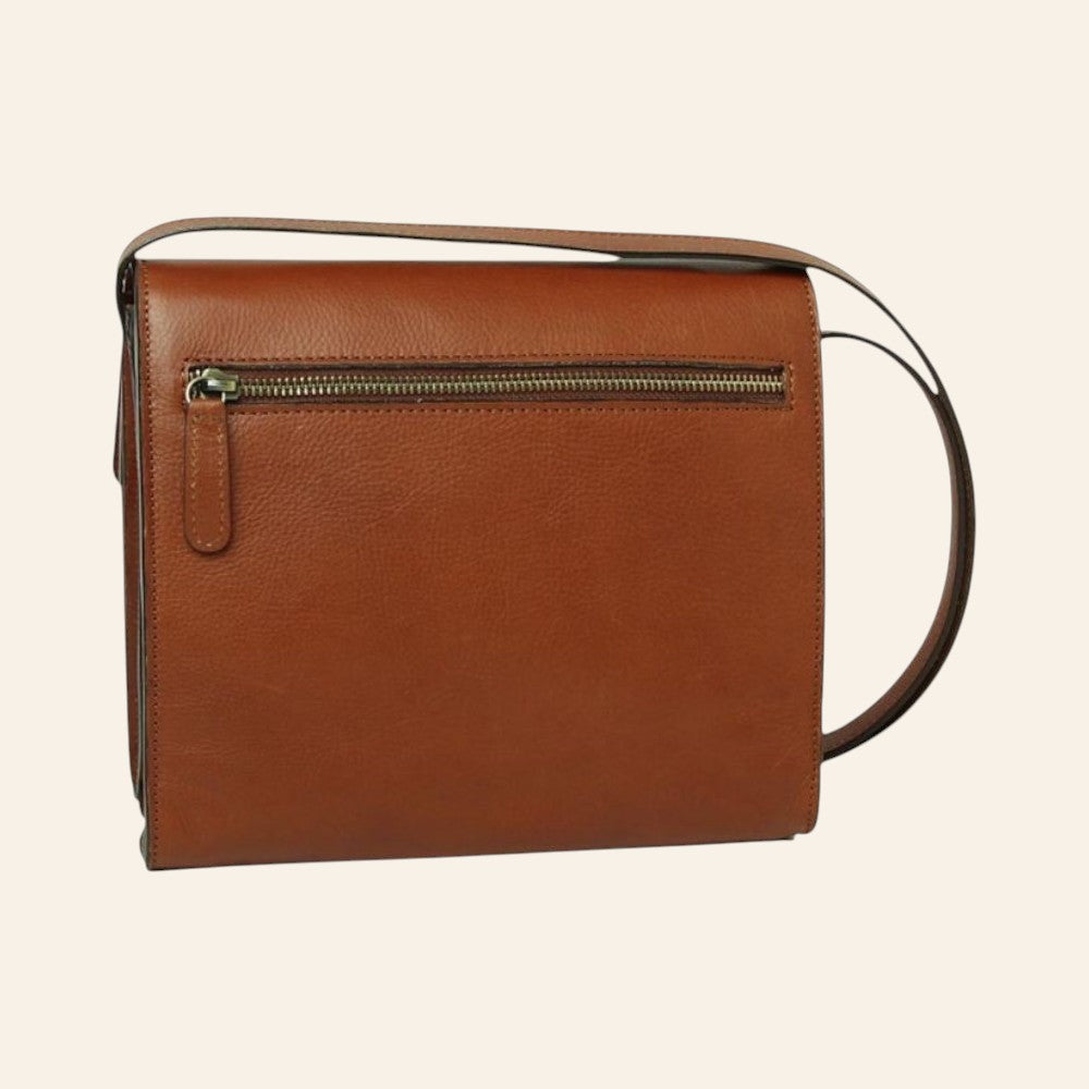 Borsa a tracolla Vetrina Fiorentina in pelle di vitello color teak con tasca posteriore con zip e tracolla rimovibile