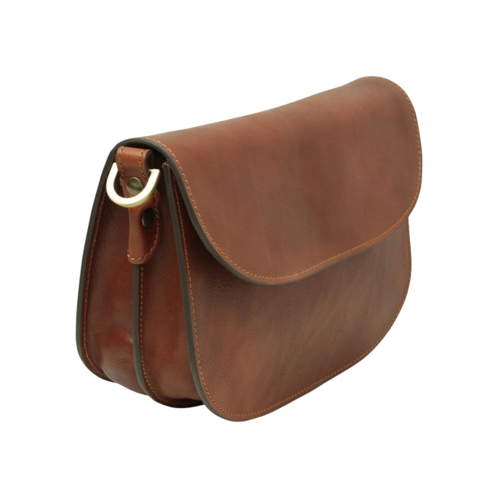 Borsa a tracolla Vetrina Fiorentina in pelle di vitello color teak con chiusura a pattina e design artigianale
