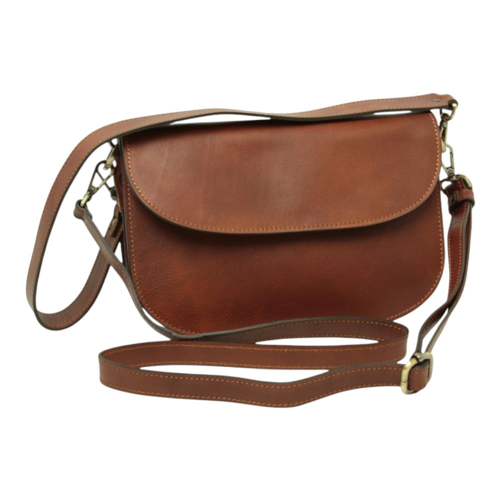 Borsa a tracolla Vetrina Fiorentina in pelle di vitello color teak con chiusura a pattina e tracolla regolabile