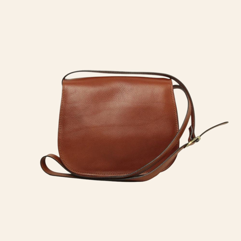 Borsa a tracolla Vetrina Fiorentina in pelle di vitello pieno fiore color teak con tracolla regolabile