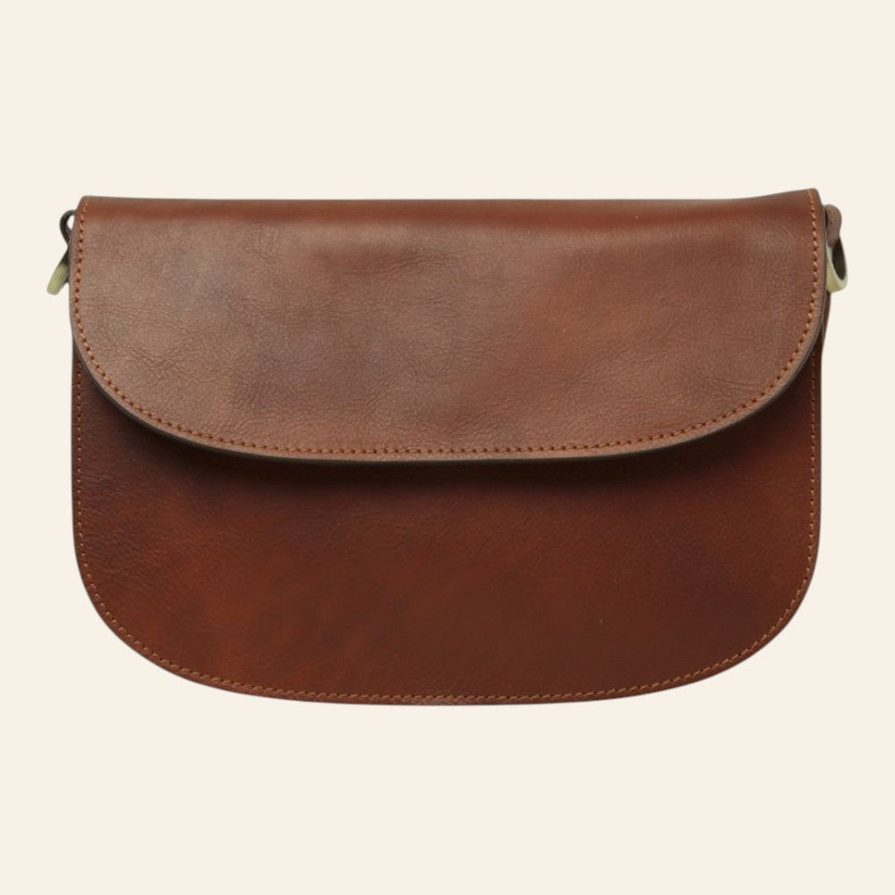 Borsa a tracolla Vetrina Fiorentina artigianale in pelle di vitello color teak con chiusura a pattina