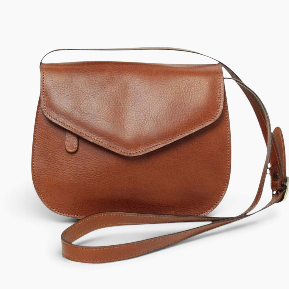 Borsa a tracolla Vetrina Fiorentina in pelle di vitello color teak con patta e tracolla regolabile, stile artigianale