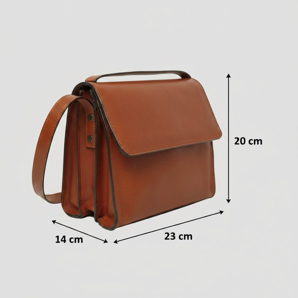 Borsa a tracolla Vetrina Fiorentina in pelle di vitello pieno fiore color teak con chiusura a pattina e dimensioni