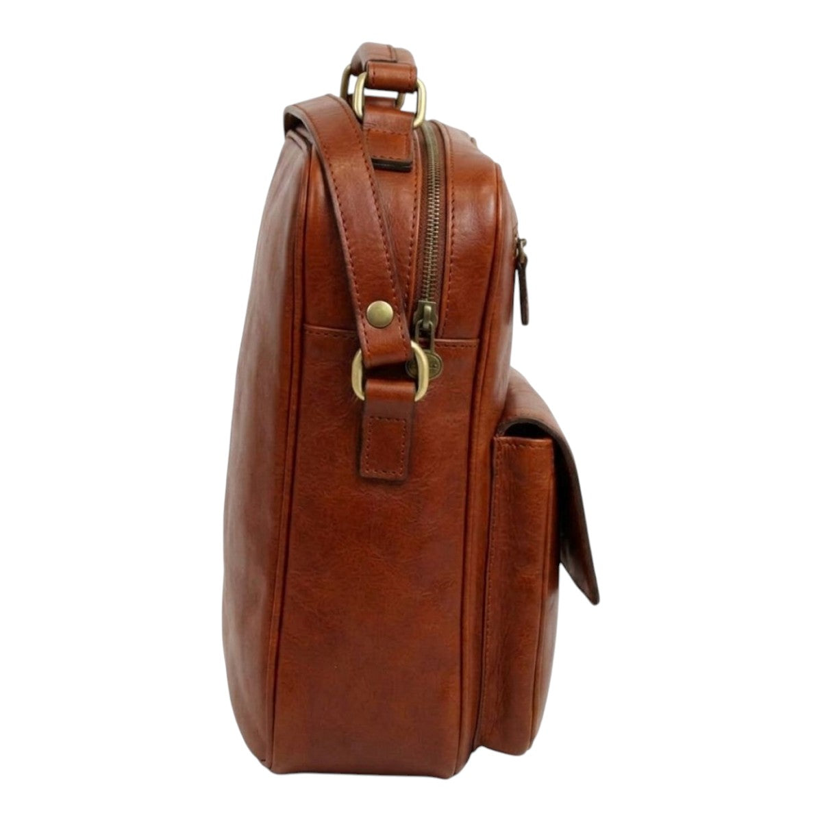 Borsa a tracolla Vetrina Fiorentina in pelle pieno fiore color teak con tasca frontale e dettagli in metallo