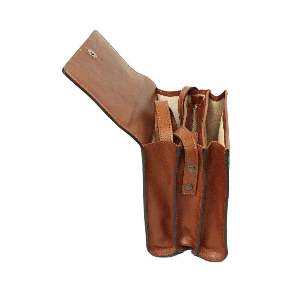 Borsa a tracolla Vetrina Fiorentina in pelle di vitello color teak con scomparti interni e chiusura a patta