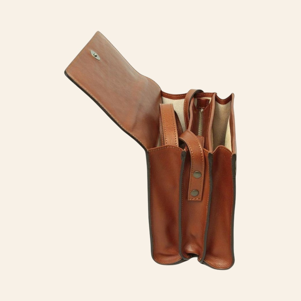 Borsa a tracolla Vetrina Fiorentina in pelle di vitello color teak con tre scomparti e tracolle rimovibili