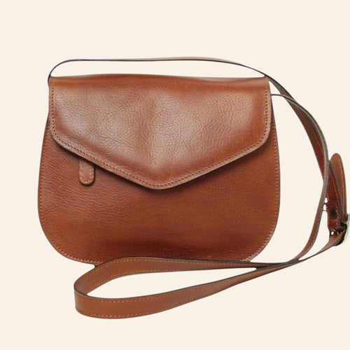 Borsa a tracolla Vetrina Fiorentina in pelle di vitello pieno fiore color teak con pattina e tracolla regolabile