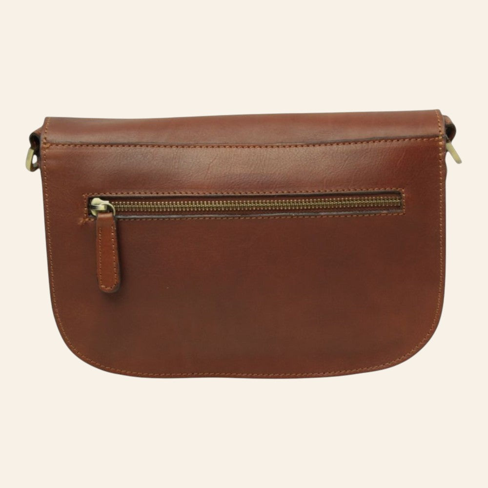 Borsa a tracolla Vetrina Fiorentina in pelle di vitello color teak con tasca posteriore con zip e finiture artigianali
