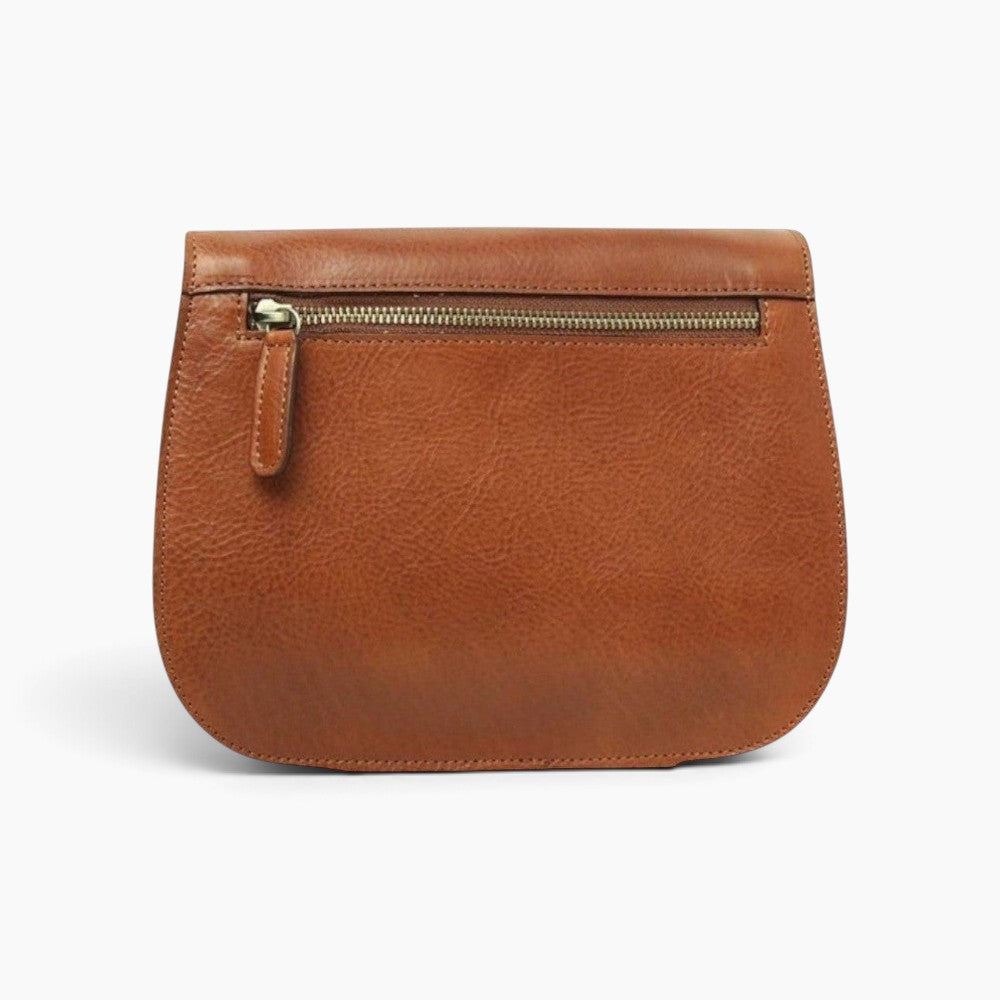 Borsa a tracolla Vetrina Fiorentina in pelle di vitello color teak con tasca posteriore con zip, vista retro