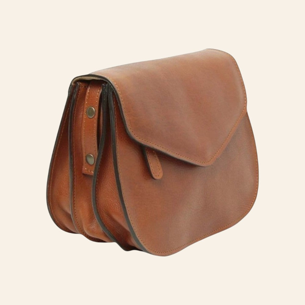Borsa a tracolla Vetrina Fiorentina in pelle di vitello pieno fiore color teak con design artigianale a tre scomparti