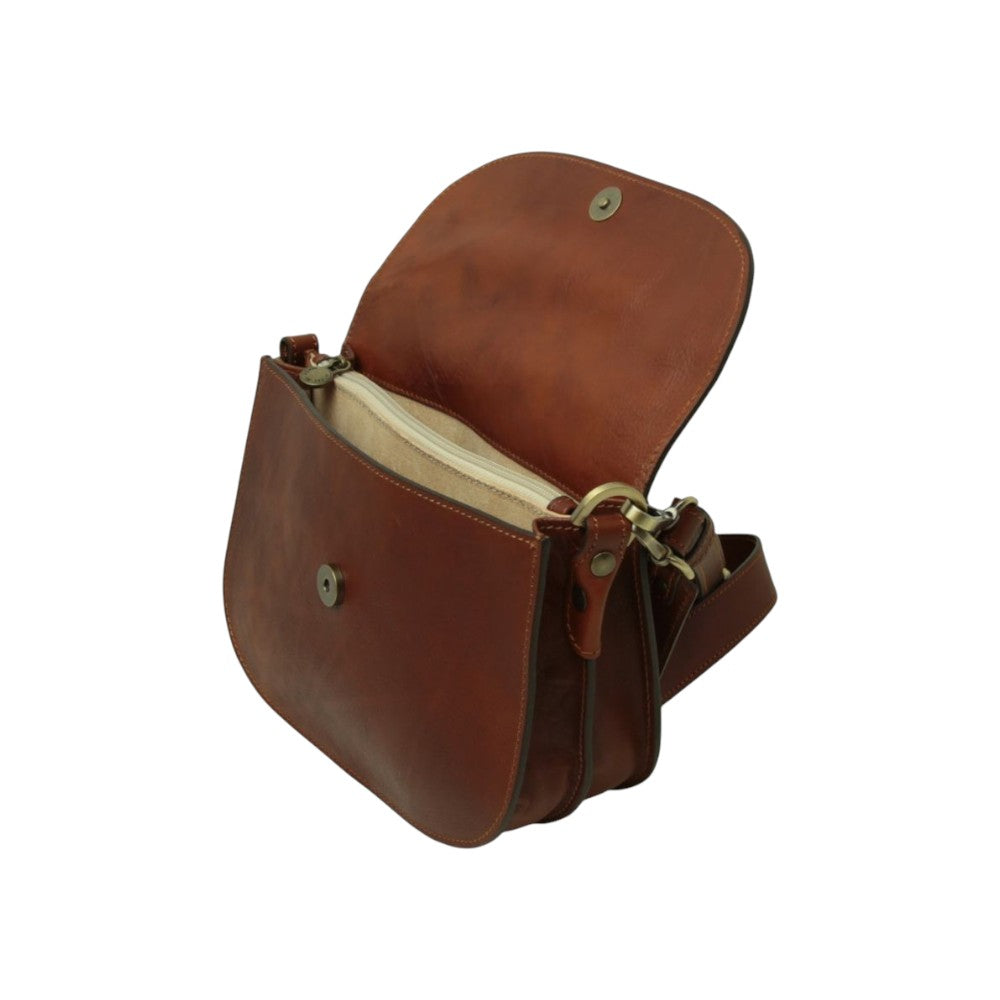 Borsa a tracolla Vetrina Fiorentina in pelle di vitello color teak con chiusura magnetica e scomparti interni