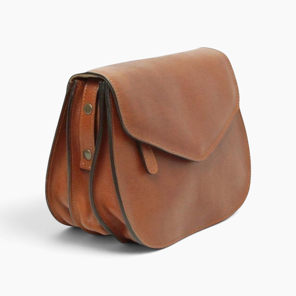 Borsa a tracolla Vetrina Fiorentina artigianale in pelle di vitello color teak con patta e design compatto