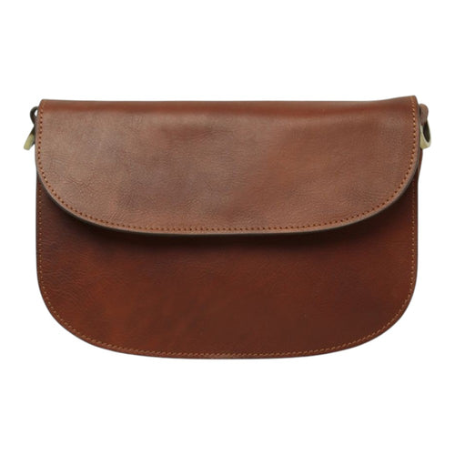 Borsa a tracolla Vetrina Fiorentina in pelle di vitello pieno fiore color teak con chiusura a pattina artigianale
