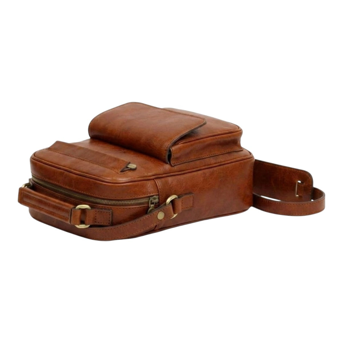 Borsa a tracolla artigianale Vetrina Fiorentina in pelle pieno fiore color teak con tasca frontale e zip