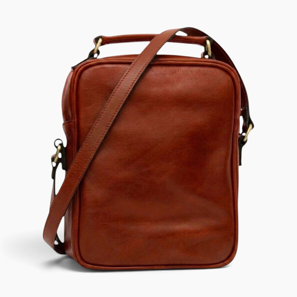 Borsa a tracolla Vetrina Fiorentina in pelle pieno fiore color teak con tracolla regolabile e design artigianale