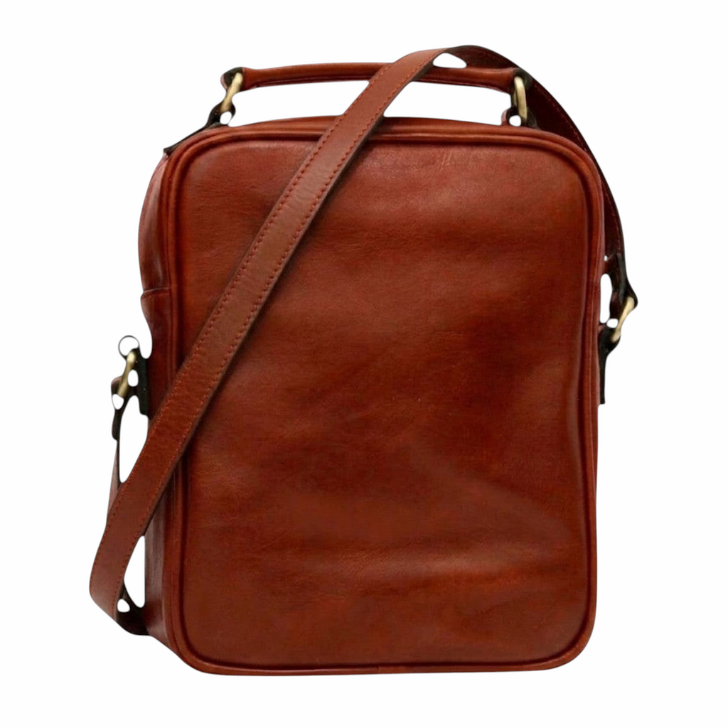 Borsa a tracolla Vetrina Fiorentina in pelle pieno fiore color teak con tracolla regolabile e design artigianale