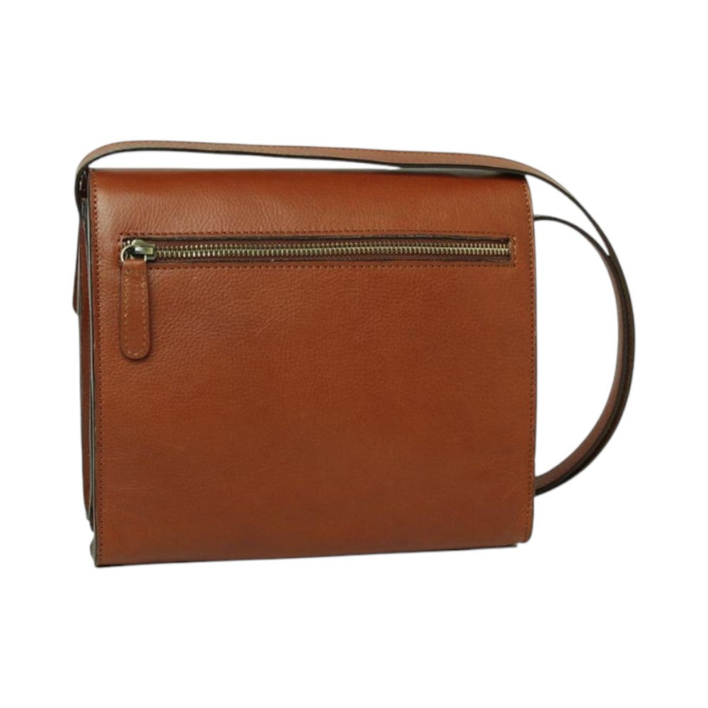 Borsa a tracolla Vetrina Fiorentina in pelle di vitello color teak con tasca posteriore con zip e tracolla regolabile
