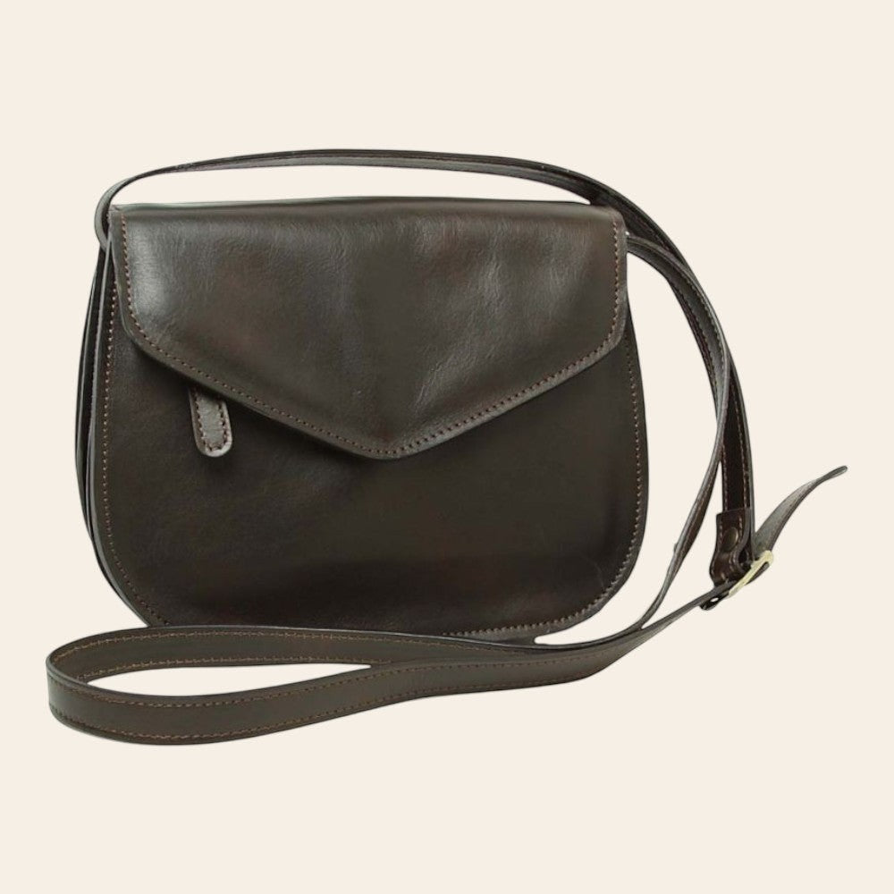 Borsa a tracolla Vetrina Fiorentina in pelle di vitello pieno fiore color testa di moro con pattina e tracolla