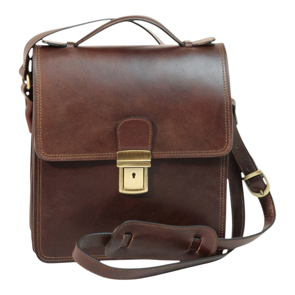 Borsa a tracolla Vetrina Fiorentina in pelle di vitello pieno fiore color testa di moro con chiusura a clip in ottone