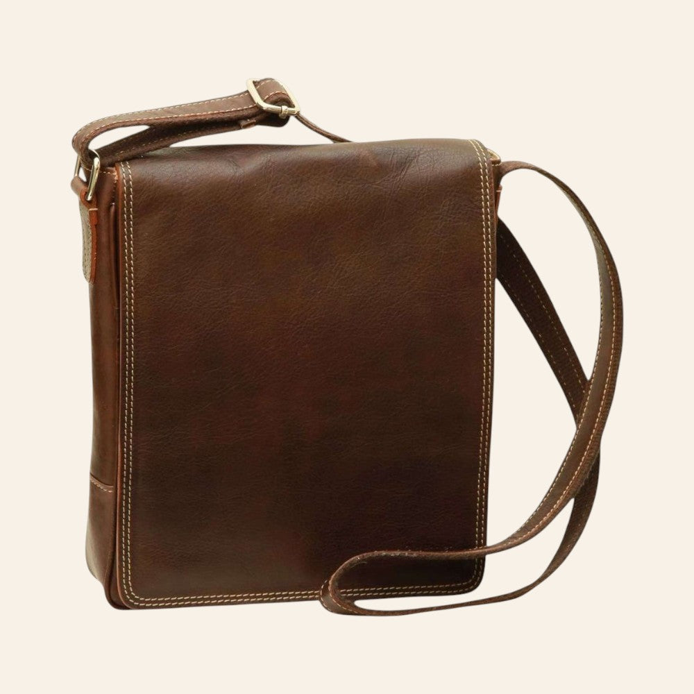 Borsa a tracolla Vetrina Fiorentina in pelle di vitello pieno fiore color testa di moro con cuciture a vista