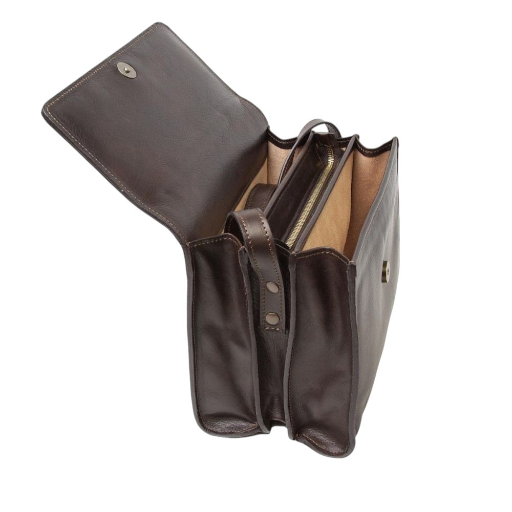 Borsa a tracolla Vetrina Fiorentina in pelle di vitello testa di moro con tre scomparti e chiusura a zip