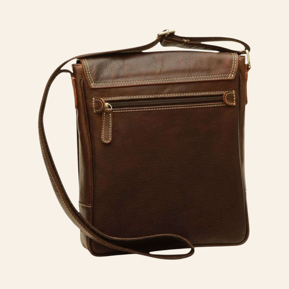 Borsa a tracolla Vetrina Fiorentina in pelle di vitello testa di moro con tasca posteriore con zip e tracolla regolabile