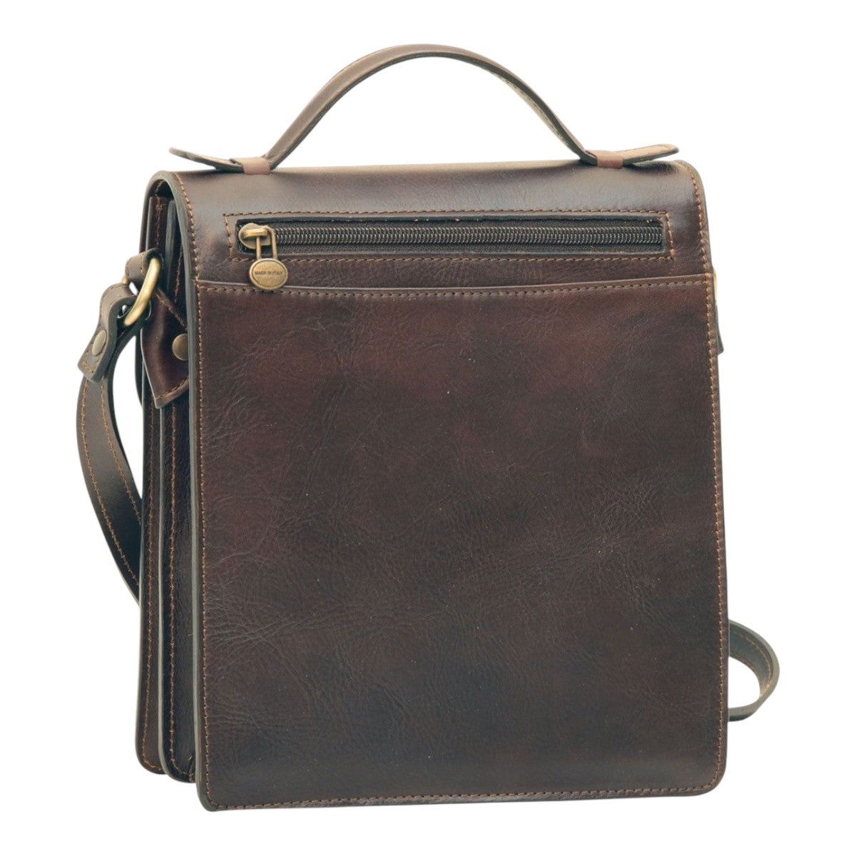 Borsa a tracolla Vetrina Fiorentina in pelle di vitello pieno fiore color testa di moro con tasca posteriore con zip