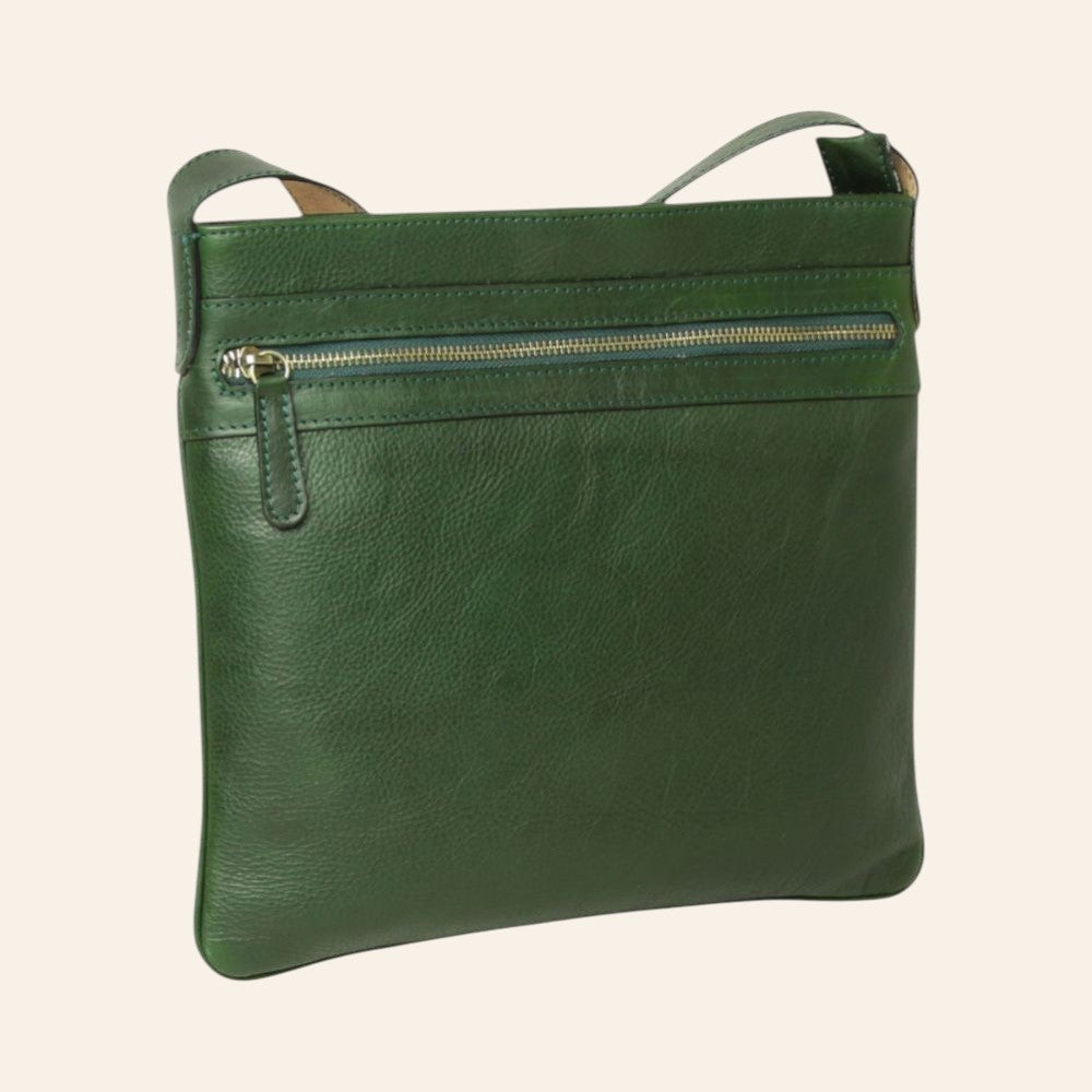 Borsa a tracolla Vetrina Fiorentina in pelle di vitello verde con tasca frontale con zip e tracolla regolabile