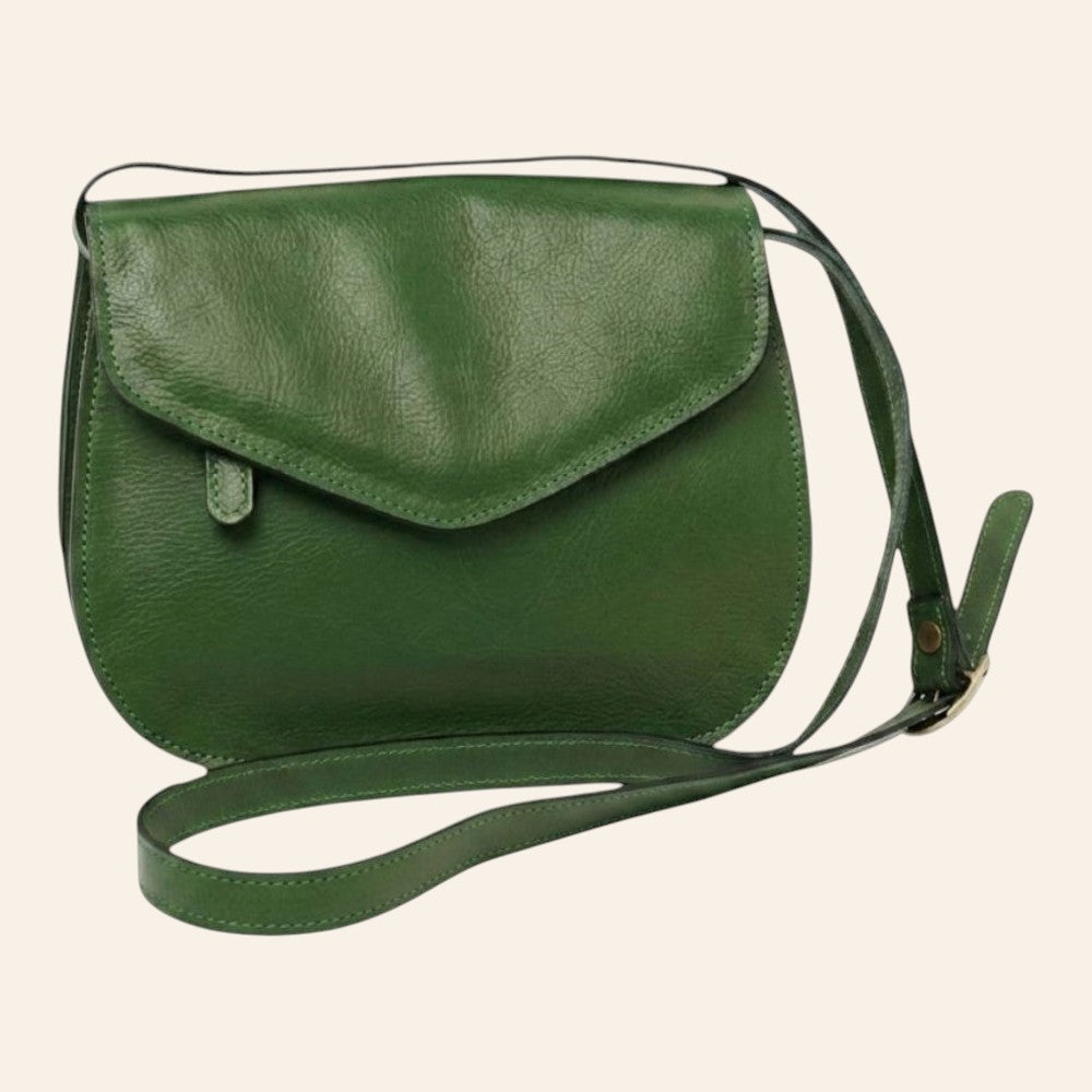 Borsa a tracolla Vetrina Fiorentina in pelle di vitello pieno fiore verde con pattina e tracolla regolabile