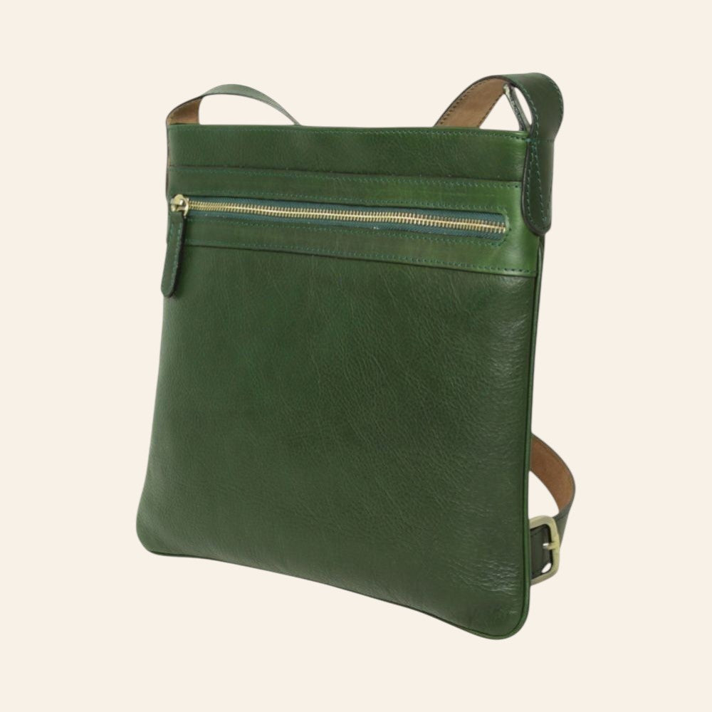 Borsa a tracolla Vetrina Fiorentina in pelle di vitello verde pieno fiore con chiusura a zip e tracolla regolabile