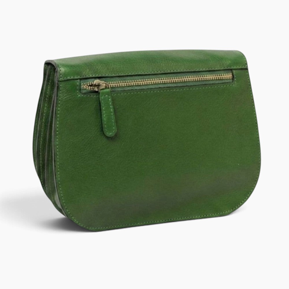 Borsa a tracolla Vetrina Fiorentina in pelle di vitello verde con tasca posteriore con zip e design artigianale
