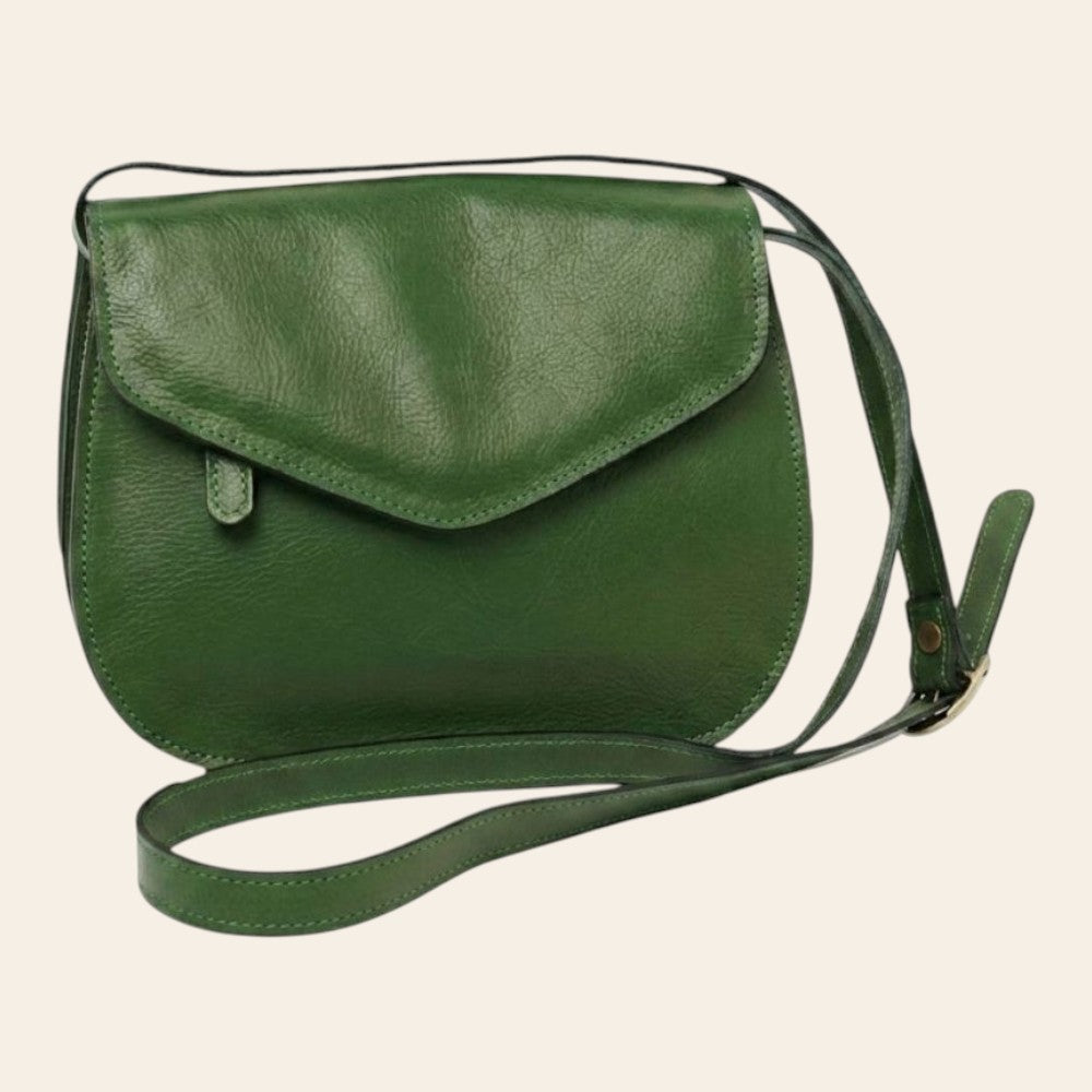 Borsa a tracolla Vetrina Fiorentina in pelle di vitello pieno fiore verde con pattina e tracolla regolabile