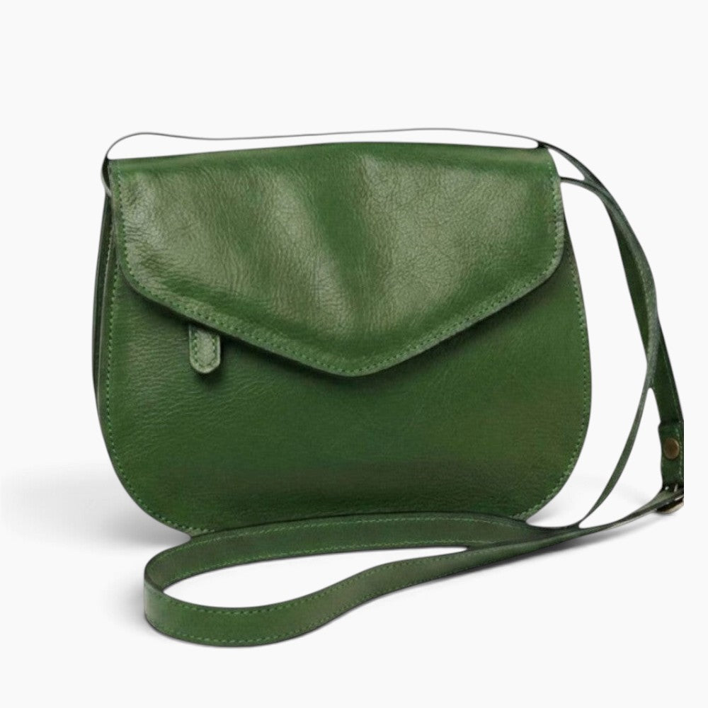 Borsa a tracolla Vetrina Fiorentina in pelle di vitello verde con patta e tracolla regolabile, design artigianale