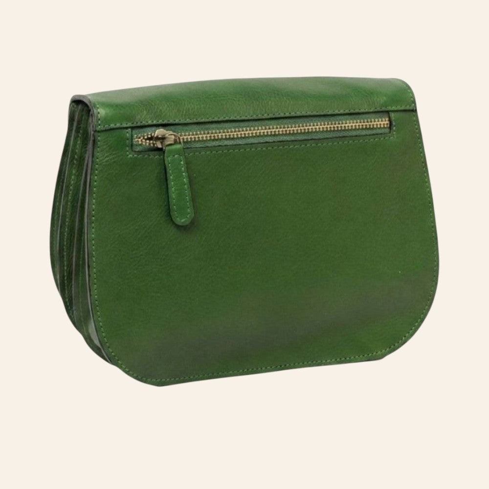 Borsa a tracolla Vetrina Fiorentina in pelle di vitello verde con tasca posteriore con zip e finiture artigianali