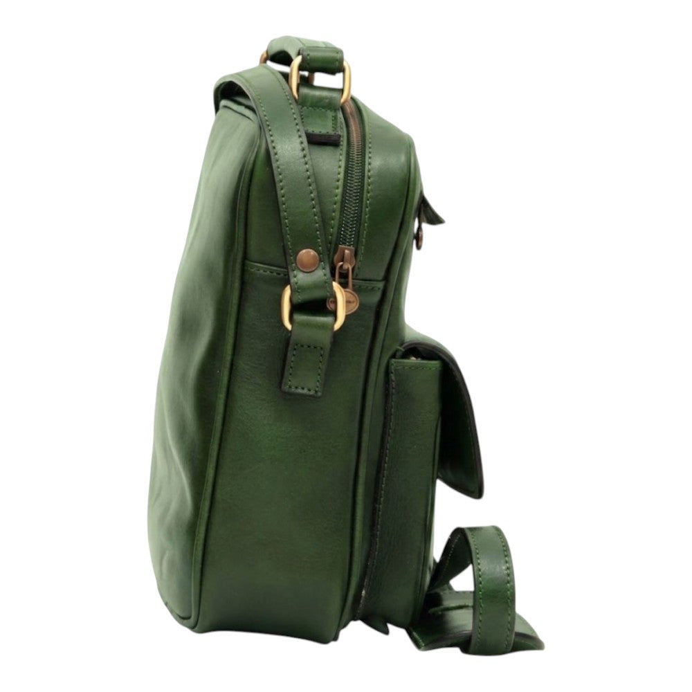 Borsa a tracolla Vetrina Fiorentina in pelle pieno fiore verde con tasca frontale e dettagli in metallo