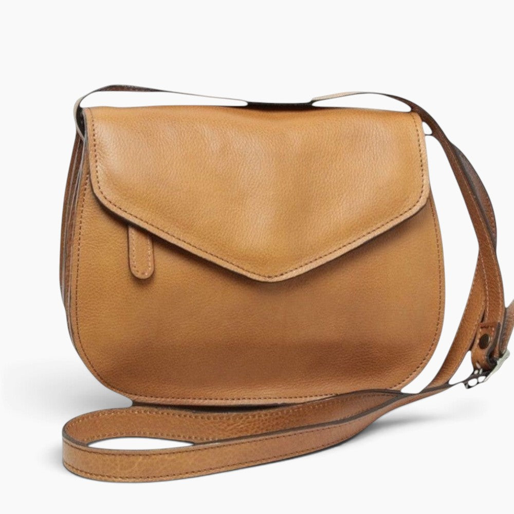 Borsa a tracolla Vetrina Fiorentina in pelle di vitello color coloniale con tre scomparti e tracolla regolabile