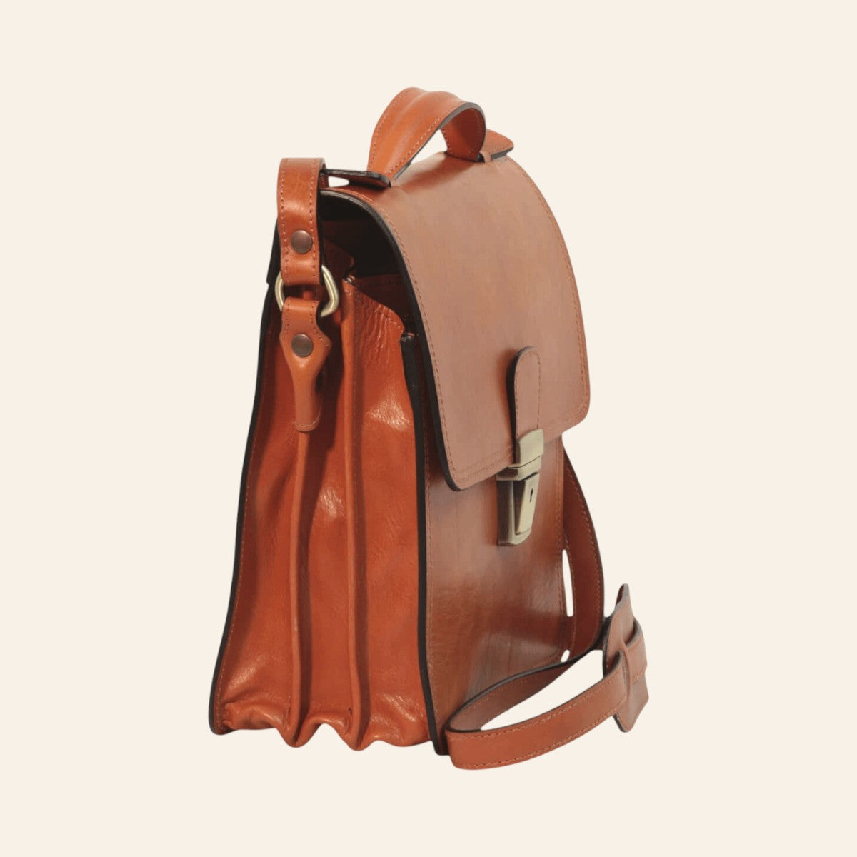 Borsa a tracolla Vetrina Fiorentina in pelle di vitello color coloniale con chiusura a clip e tracolla regolabile