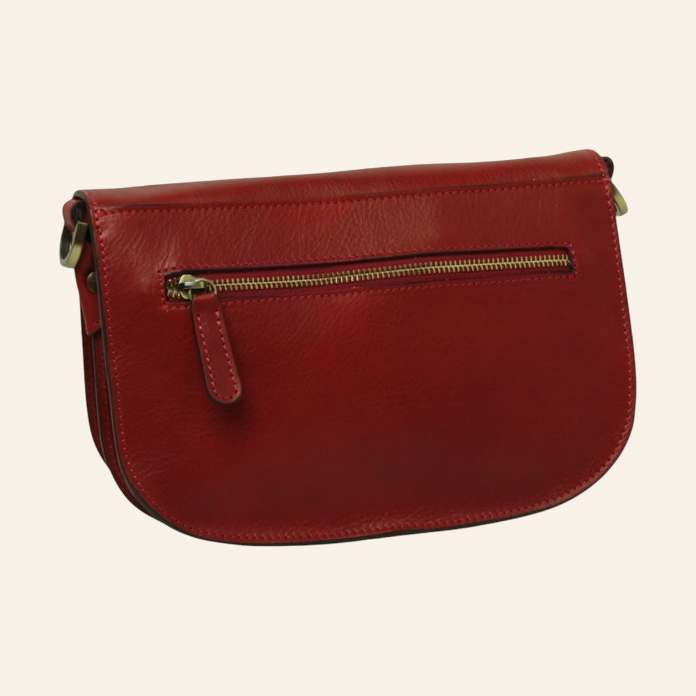 Borsa a tracolla in pelle di vitello pieno fiore rossa con tasca posteriore zippata e dettagli metallici